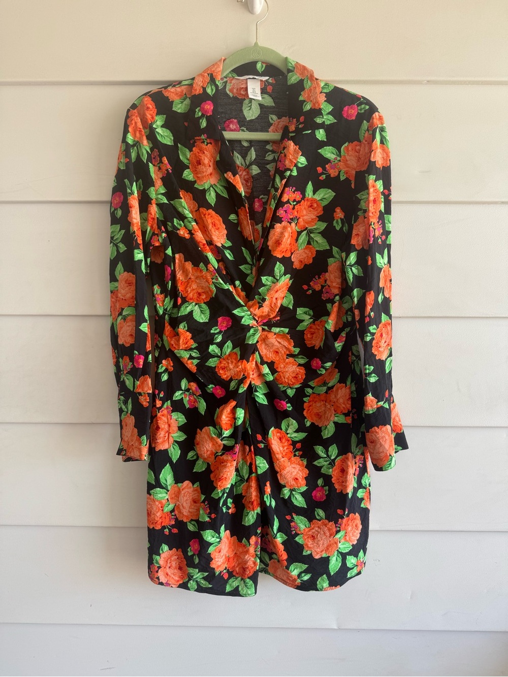 H&M Black Ruched Front Floral Dress Sz L